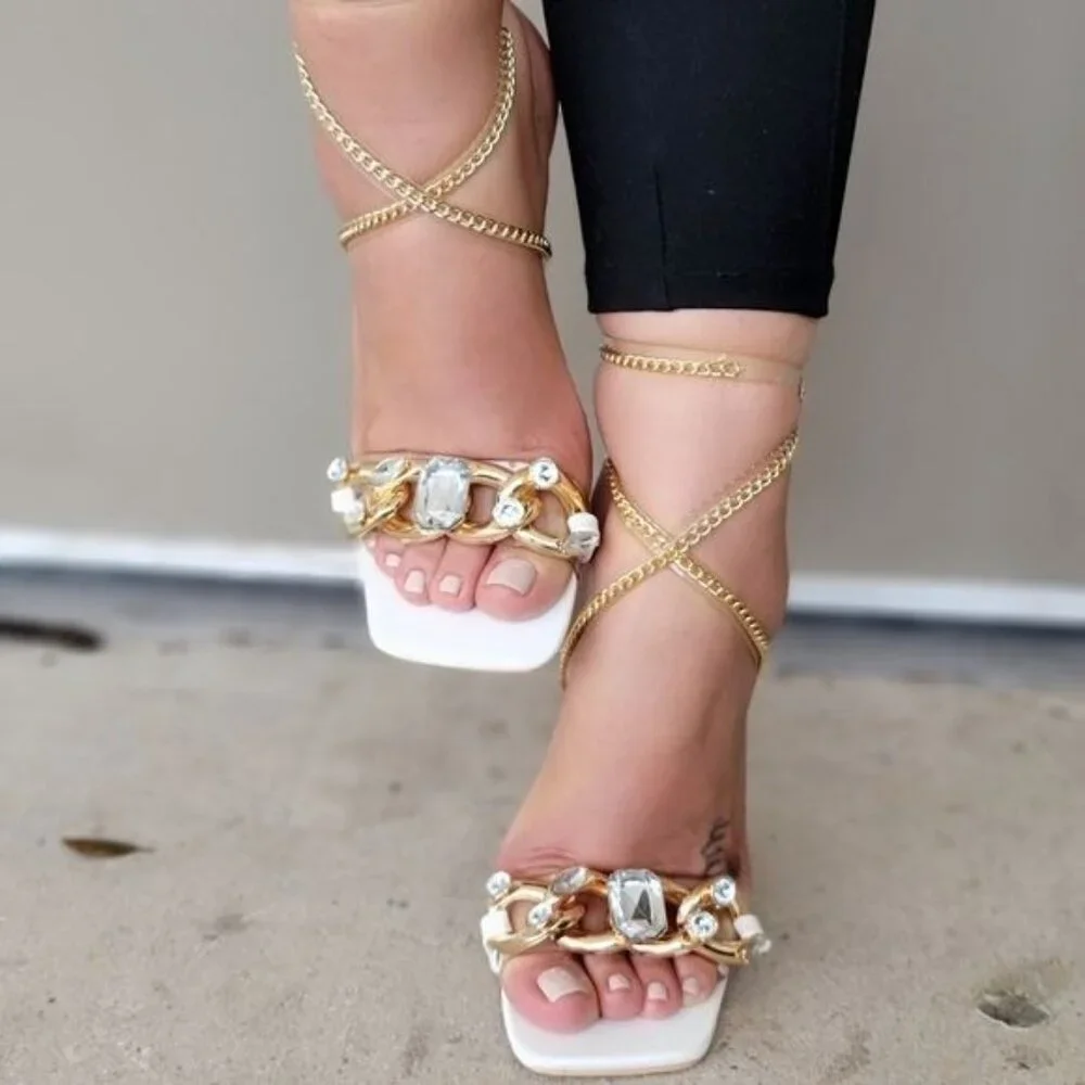 Elegant White Strappy Sandals Rhinestone Chain Open Square Toe Ankle Strap